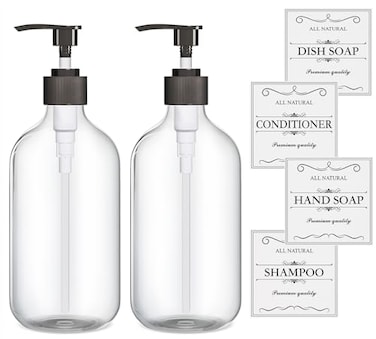 Kzeirm 2PCS Clear Dish Soap Dispenser for Kitchen with Rust Proof Pump 16 Oz Premium Hand Soap Dispenser for Bathroom Plastic Liquid Soap and Lotion DispenserBottles Set Waterproof Labels