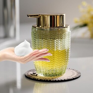 CICUFY Foaming Hand Soap Lotion Dispenser Refillable Glass with Large Gold PumpBarrel PatternGreen