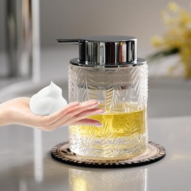 CICUFY Foaming Hand Soap Dispenser Glass Foam or Lotion Dispenser for Kitchen Bathroom Refillable with Large Silver Pump Leaf PatternClear