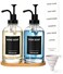 Hoousuper Dish Soap Dispenser for Kitchen Hand Glass Soap Dispenser Set with Pump Tray Funnel for Bathroom Shower Laundry Liquid Lotion Black 2 Pack 18 Oz Clear Bottles with 12 Stickers