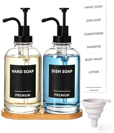Hoousuper Dish Soap Dispenser for Kitchen Hand Glass Soap Dispenser Set with Pump Tray Funnel for Bathroom Shower Laundry Liquid Lotion Black 2 Pack 18 Oz Clear Bottles with 12 Stickers