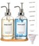 Hoousuper Dish Soap Dispenser for Kitchen Hand Glass Soap Dispenser Set with Pump Tray Funnel for Bathroom Shower Laundry Liquid Lotion Silver 2 Pack 18 Oz Clear Bottles with 12 Stickers