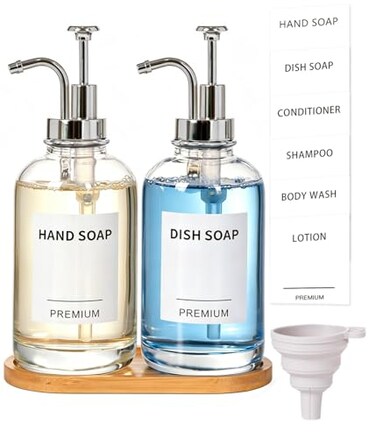 Hoousuper Dish Soap Dispenser for Kitchen Hand Glass Soap Dispenser Set with Pump Tray Funnel for Bathroom Shower Laundry Liquid Lotion Silver 2 Pack 18 Oz Clear Bottles with 12 Stickers