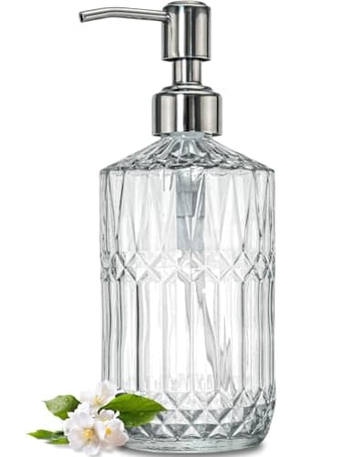 JASAI 18 Oz Embossed Clear Glass Soap Dispenser with Rust Proof Pump Refillable Dish soap Dispenser for Kitchen Premium Bathroom Soap Dispenser for Hand soap Lotion Clear