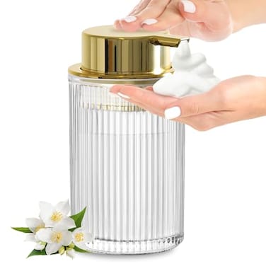 Kasunting KASUNTING Foaming Soap Dispenser 11 Fl Oz Clear Glass Foam Hand Soap Dispenser for Bathroom Kitchen Refillable Foaming Bottle with Gold Pump Modern Ribbed Dish Soap Foam Dispenser