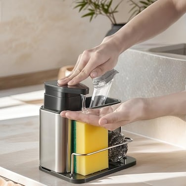 LIBODOUR Soap Dispenser for Kitchen Bathroom Sink3in1 Sponge Holder for Kitchen Organizer Dish Soap DispenserSink CaddyStainless Steel Dish Brush Scrubber with Sponge Holder