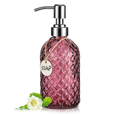 MOCLIF 16 OZ Clear Soap Dispenser with 304 Rustproof Stainless Steel Pump Bathroom KitchenRefillable Liquid Glass Soap Dispenser for Hand Soap Dish Soap LotionPurple