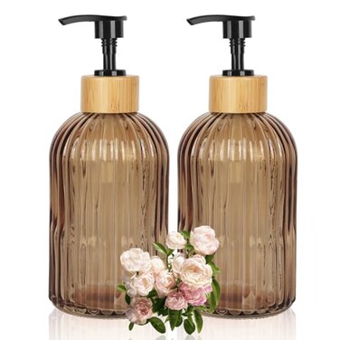 Ulable Amber Glass Soap Dispenser with Pump 2 Pack 135oz Vertical Stripe Design Hand Soap Dispenser for Hand Wash Dish Wash Elegant Dispenser for Bathroom and Kitchen