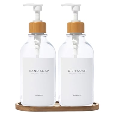 MAISONOVO MaisoNovo Hand and Dish Soap Dispenser for Kitchen Set of 2169oz Clear Dish and Hand Soap Dispenser Set for Kitchen Clear Plastic Bottles x 2 with White Bamboo Pumps Tray