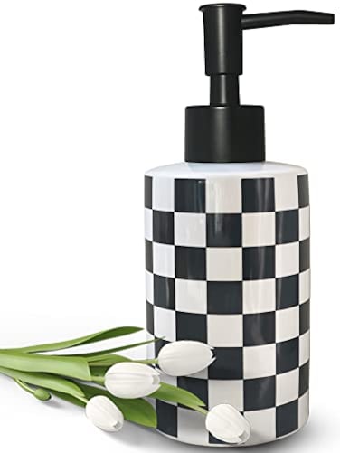 UNBONSOUHAIT Bathroom Soap Dispenser with Matte Black Pump White Ceramic Soap Dispenser for Kitchen Checkerboard Empty Pump Bottle Black