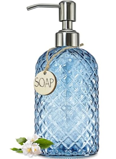JASAI 18Oz Gem Patterned Glass Soap Dispenser for Kitchen and Bathroom Refillable with Rust Proof Stainless Steel Pump Blue