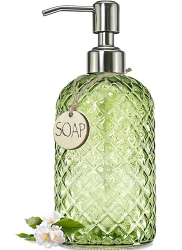 JASAI 18Oz Tea Green Soap Dispenser with Rust Proof Pump Refillable Glass Soap Dispenser for Bathroom Kitchen to Dispense Dish Soap Hand soap Lotion
