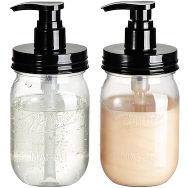Amolliar Plastic Mason Jar Soap Dispenser with Pump Lid16OZ Refillable BPAFree Hand Soap Dispenser Set with Cute Lables Farmhouse Decor for KitchenBathroomLiquid SoapDish Soap Lotion 2 Pack