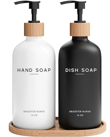Brighter Barns Luxury Glass Hand and Dish Soap Dispenser Set by Kitchen Soap Dispenser Set with Tray Bamboo Pump Bottle for Kitchen Sink Boho Home Decor Modern Decor in Restaurant BlackWhite