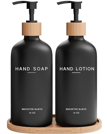 Brighter Barns Black Glass Soap and Lotion Dispenser Set with Tray by Liquid Hand Soap Dispenser and Pump Bamboo Bathroom Accessories Modern Bathroom Decor Black