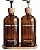 Brighter Barns Amber Glass Hand and Dish Soap Dispenser Set by Kitchen Soap Dispenser Set with Tray Bamboo Pump Bottles for Kitchen Sink Modern Home Decor Neutral Decor for Airbnb Gift Amber