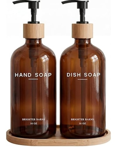 Brighter Barns Amber Glass Hand and Dish Soap Dispenser Set by Kitchen Soap Dispenser Set with Tray Bamboo Pump Bottles for Kitchen Sink Modern Home Decor Neutral Decor for Airbnb Gift Amber