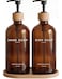 Brighter Barns Amber Glass Hand and Dish Soap Dispenser Set by Kitchen Soap Dispenser Set with Tray Bamboo Pump Bottles for Kitchen Sink Modern Home Decor Neutral Decor for Airbnb Gift Amber