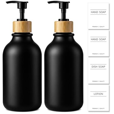 Kasunting KASUNTING Hand Soap Dispenser Bathroom Black Dish Soap Dispenser for Kitchen 17 Fl Oz Plastic Hand and Dish Soap Dispensers Set with Bamboo Pump 2 Pack Refillable Liquid Lotion Containers Bo