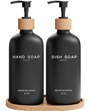 Brighter Barns Black Glass Hand and Dish Soap Dispenser Set by Kitchen Soap Dispenser Set with Tray Bamboo Pump Bottles for Kitchen Sink Boho Modern Home Decor Neutral Home Accessories Black