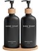 Brighter Barns Black Glass Hand and Dish Soap Dispenser Set by Kitchen Soap Dispenser Set with Tray Bamboo Pump Bottles for Kitchen Sink Boho Modern Home Decor Neutral Home Accessories Black