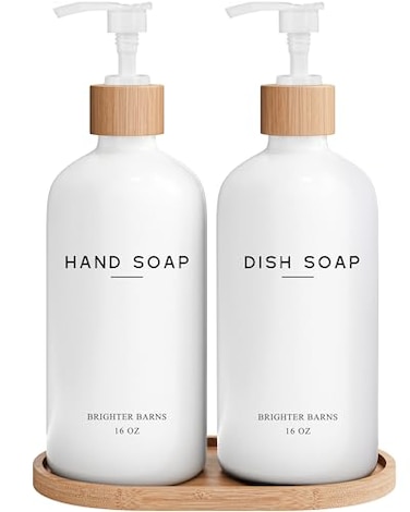 Brighter Barns White Glass Hand and Dish Soap Dispenser Set by Kitchen Soap Dispenser Set with Tray Glass Bottles for Kitchen Sink Housewarming Gift Countertop Decor Boho Home Decor White