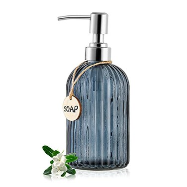 MOCLIF 16 OZ Soap DispenserTempered Glass Clear Vertical Stripe with 304 Rust Proof Stainless Steel Pump Refillable Liquid Hand Soap Dispenserfor Bathroom Kitchen Dish SoapLotion Blue Grey