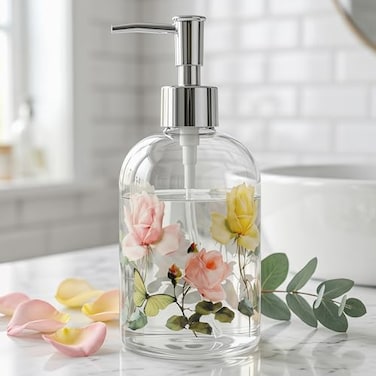 Topadorn 17oz Floral Butterfly Glass Soap Dispenser with Plastic Pump for Kitchen and Bathroom Refillable Liquid Clear Bottle for Dish Soap Hand Soap