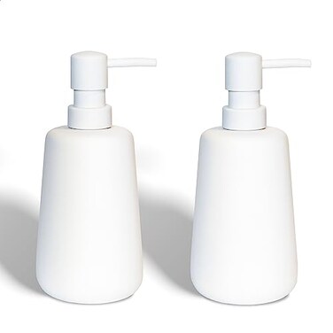 ABBI NIMO 2 Pack Matte White Ceramic Soap Dispenser 13 oz Refillable Bathroom or Kitchen Countertop Dispenser with Soft Touch Rubber Coating Matte White