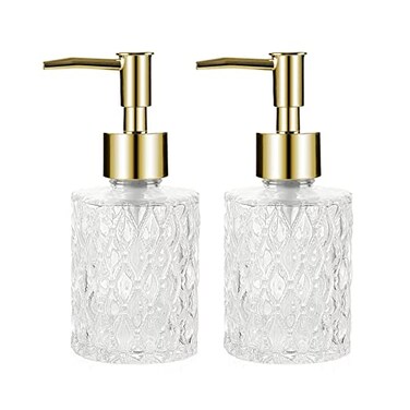 Retyion Multipurpose Soap Dispenser Easy to Clean Glass Soap Pump Dispenser Ideal for Bath and Bathroom 2PCS Gold