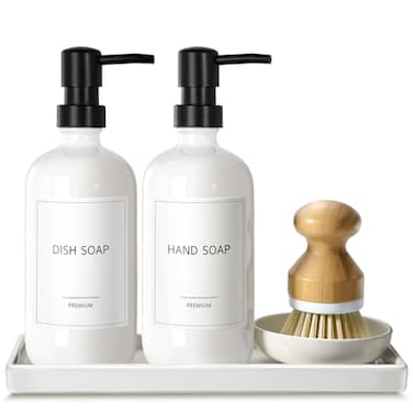 gmisun GMISUN Kitchen Soap Dispenser Set 16 Oz Hand and Dish Soap Dispenser with Ceramic Tray Bamboo Dish Brush 2 Pack White Glass Liquid Pump Bottle Modern Farmhouse Refillable Dish Soap Bottle