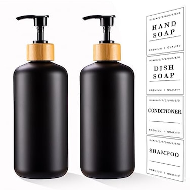 GUXACU Black Soap Dispenser Set 16oz Plastic Soap Dispenser with Bamboo Pump Hand and Dish for Kitchen Refillable Soap Lotion Dispenser for Shampoo Conditioner Bathroom Kitchen Farmhouse