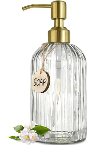 JASAI 18Oz Glass Soap Dispenser with Golden Pump for KitchenRefillable Liquid Hand soap Dispenser with Vertical Stripe Clear Soap Dispenser Bathroom for Hand soap Dish Soap Lotion