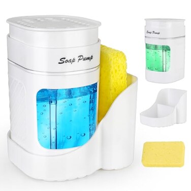 Bestseek Kitchen Dish Soap Dispenser with Sponge Holder 3in1 Countertop Dishwashing Soap Pump Dispenser Set for Kitchen Sink Useful Kitchen Gadgets White