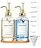 Hoousuper Dish Soap Dispenser for Kitchen Hand Glass Soap Dispenser Set with Pump Tray Funnel for Bathroom Shower Laundry Liquid Lotion Gold 2 Pack 18 Oz Clear Bottles with 12 Stickers