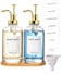 Hoousuper Dish Soap Dispenser for Kitchen Hand Glass Soap Dispenser Set with Pump Tray Funnel for Bathroom Shower Laundry Liquid Lotion Gold 2 Pack 18 Oz Clear Bottles with 12 Stickers