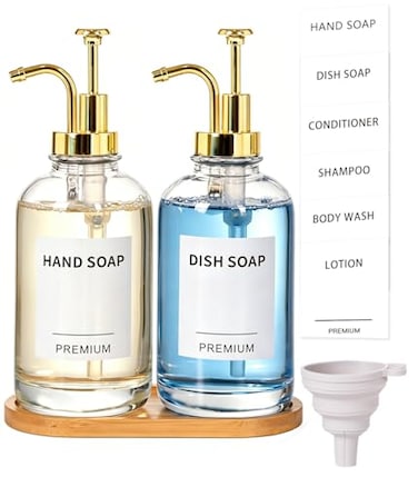 Hoousuper Dish Soap Dispenser for Kitchen Hand Glass Soap Dispenser Set with Pump Tray Funnel for Bathroom Shower Laundry Liquid Lotion Gold 2 Pack 18 Oz Clear Bottles with 12 Stickers