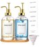 Hoousuper Dish Soap Dispenser for Kitchen Hand Glass Soap Dispenser Set with Pump Tray Funnel for Bathroom Shower Laundry Liquid Lotion Gold 2 Pack 18 Oz Clear Bottles with 12 Stickers