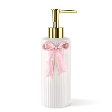 NEWHENGS Handmade Ceramic Bow Soap Pump Dispenser Hand Lotion Liquid Dispenser Refillable for Kitchen and Bathroom Decorative Ribbon Pink
