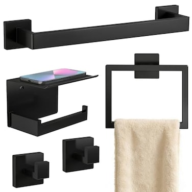 STWWO Matte Black Bathroom Accessories Hardware Set 5Piece Stainless Steel Towel Racks for Bathroom 16 Inch Bath Towel Bar Set Wall Mounted