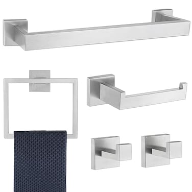 Delarkusi 5 Pieces Bathroom Hardware Accessories Set Brushed Nickel 16Inch Square Towel Racks Set for Bathroom SUS304 Stainless Steel Towel Bar Set Bath Accessories Sets Wall Mounted