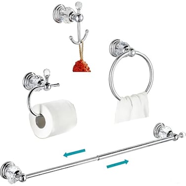WOLIBEER Crystal Bathroom Accessories Chrome 24 Inch Towel Bar Set Polished Brass Toilet Paper Holder Towel Ring Coat Hooks Bathroom Hardware 4 Pieces Wall Mounted