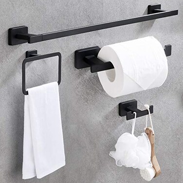 GERUIKE 4 Piece Bathroom Hardware Accessories SetMatt Black Stainless Steel Towel Bar Sets Wall Mounted Includes 16 Towel Bar Square Towel Ring Toilet Paper Holder Robe Towel Hook