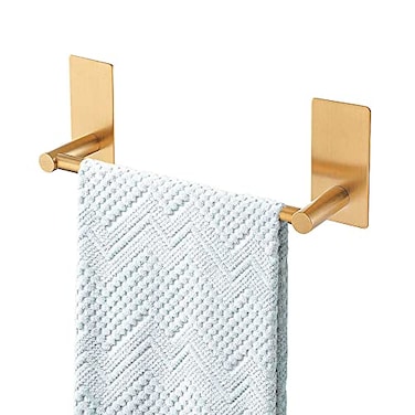 Songtec Gold Towel Bar 9Inch Adhesive Bath Towel Rack No Drill Strong Adhesion Tape Mount Towel Holder Stainless Steel Brushed Gold