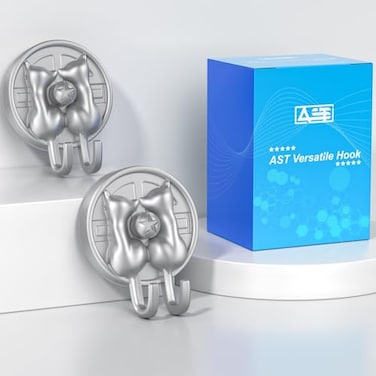 AST Cute DoubleCat Suction Cup Hook 2 Pack Heavy Duty Hooks Upgraded Reliable Force of both Adhesion and Vacuum Wall Holders for Loofah Towel Coat and Bath Robe Waterproof Hanger Matte Silver