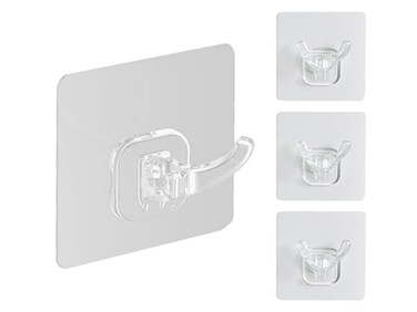 COLINCH Waterproof Adhesive Wall Hooks Double Hook Bathroom Hanger for Shower Kitchen RV No Drill Plastic Hooks for Razors Loofahs Towels 4 Pack Sandra Series