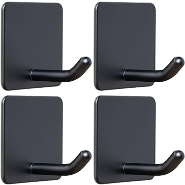 FOTYRIG Adhesive Towel Hooks No Drill Wall Hooks Stick on Wall Hangers Shower Hooks for Inside Shower Bathrooms Kitchen Door Black 4 Packs