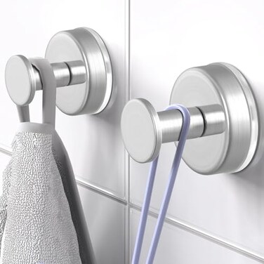 HUFEEOH Heavy Duty Suction Cup Hooks Strong Removable Shower Hooks for Towels Robes Accessories Secure Hold on Glass Tile Mirror Bathroom Kitchen Surfaces 2Pack OShape Silver