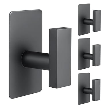 JAAWAN 4Pack Matte Black Adhesive Towel Hooks Stainless Steel Adhesive Wall Hooks for Bathroom Kitchen Hanging Towels Coats Robes Clothes Hats