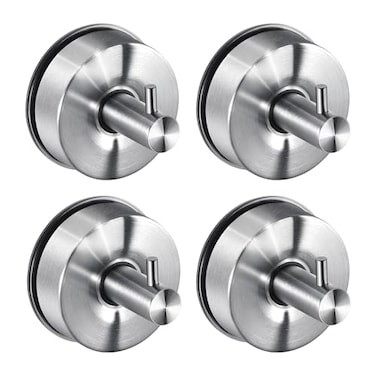 JOMOLA Brushed Stainless Steel Shower Bathroom Hooks No Drill AdhesiveFree Suction Cup Hardware Rustproof Waterproof Metal Wall Mount for Towel Robe DamageFree 4Pack